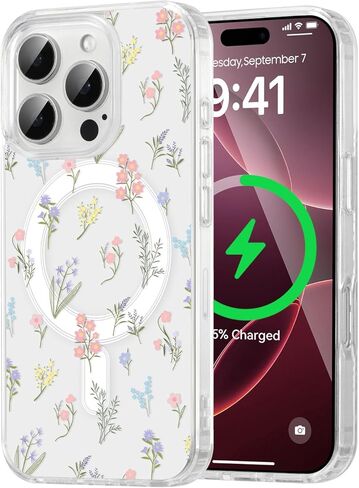 QLTYPRI Magnetic for iPhone 16e Case Compatible with Magsafe, Cute Floral Flower Aesthetic Phone Case Slim Clear Anti-Yellowing Shockproof Phone Cover for Girls Women - Pink in Kuwait