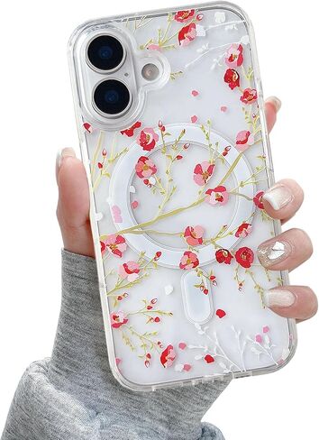 QLTYPRI Magnetic for iPhone 16e Case Compatible with Magsafe, Cute Floral Flower Aesthetic Phone Case Slim Clear Anti-Yellowing Shockproof Phone Cover for Girls Women - Pink in Kuwait