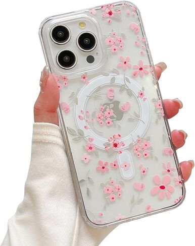 QLTYPRI Magnetic for iPhone 16e Case Compatible with Magsafe, Cute Floral Flower Aesthetic Phone Case Slim Clear Anti-Yellowing Shockproof Phone Cover for Girls Women - Pink in Kuwait