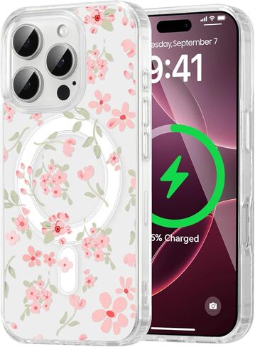 QLTYPRI Magnetic for iPhone 16e Case Compatible with Magsafe, Cute Floral Flower Aesthetic Phone Case Slim Clear Anti-Yellowing Shockproof Phone Cover for Girls Women - Pink in Kuwait