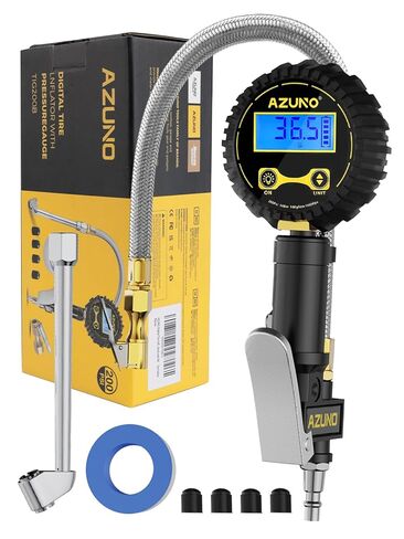 AZUNO Digital Tire Inflator with Pressure Gauge, 200 PSI (0.1 Res) w/LED Flashlight, Heavy Duty Air Compressor Accessories 7pcs Set, w/Lock on Air Chuck, Dual Head Chuck and 90° Tire Valve in Saudi Arabia