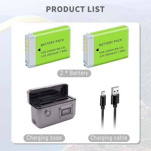 2Pack NB-13L 2050mah Battery, Dual-Slot Smart LCD Display Charger for Canon PowerShot G7 X Mark III,II,G7 X,G1 X Mark III,G5 X Mark II,G5 X,G9 X Mark II,SX740 HS,SX730 HS,SX720 HS,SX620 HS 2050mah in Saudi Arabia