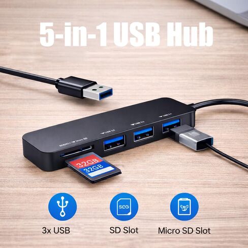 USB Hub, 5-in-1 USB Adapter,SD/TF Card Reader,for MacBook Pro/Air, iPad Pro, Dell, HP, Chromebook, Black in Saudi Arabia