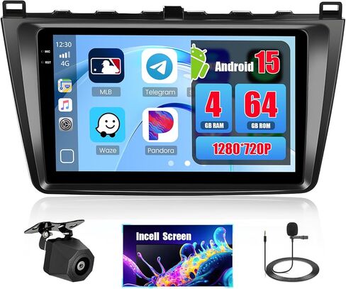 4+64GB Android 15 for 2007-2012 Mazda6 Car Radio Wireless Carplay Android Auto, Stereo with 9" in-Cell Touch Screen WiFi Bluetooth5.0 GPS FM/RDS SWC EQ + Backup Camera MIC in Saudi Arabia