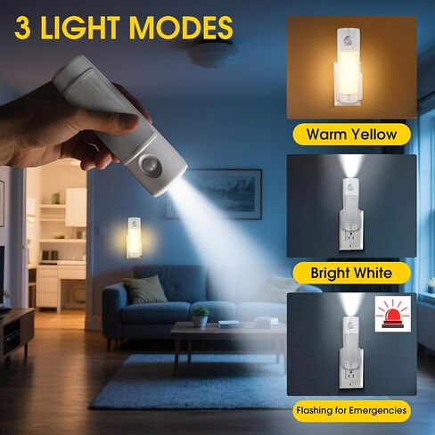 Enhon 3 Pack 4 in 1 Emergency Lights for Home Power Failure, Rechargeable LED Flashlight Plug in Wall, Automatic Turn On Power Outage Night Light with Motion Sensor for Hurricane Preparedness Items in Saudi Arabia