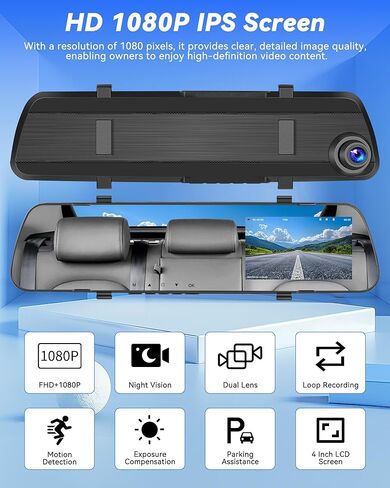 4 inch Mirror Dash Cam,1080P Rear View Mirror Camera for Cars,Dual Dash Cameras Front and Rear HD Night Vision,24H Parking Monitoring,Loop Recording, Motion Detection,Reversing Assistance,32GB TF Card in Saudi Arabia