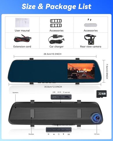 4 inch Mirror Dash Cam,1080P Rear View Mirror Camera for Cars,Dual Dash Cameras Front and Rear HD Night Vision,24H Parking Monitoring,Loop Recording, Motion Detection,Reversing Assistance,32GB TF Card in Saudi Arabia
