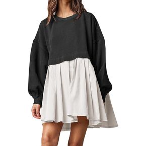 Esmeling Womens Crewneck Sweatshirt Dress Long Sleeves Pleated Mini Dress Pullover Tops