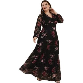 TOLEEN Women's Plus Size Dress V Neck Rose Embroidery Mesh Elegant Formal Maxi Dresses