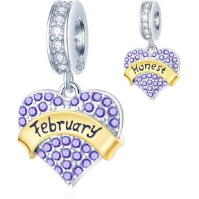 GEMDAZZ Jan-Dec Month Birthday Birthstone Charms for Charm Bracelet, 2 Tone 925 Sterling Silver Clear Sparkle Pave Heart Pendant Beads, Gift for Mom/Friends/Father