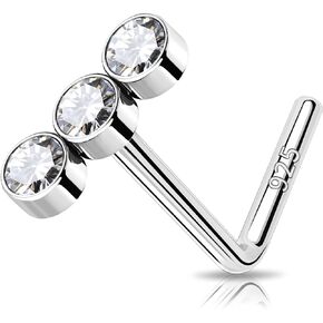MeIighting 925 Sterling Silver Nose Stud L Shaped Nose Ring 20G Solid Silver Three Diamond Nose Piercing Jewelry Clear CZ for Women Men Nostril Piercing