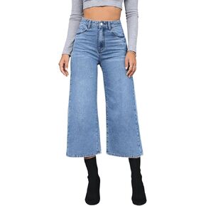 SweatyRocks Women's Casual High Waisted Jeans Wide Leg Loose Fit Cropped Denim Pants