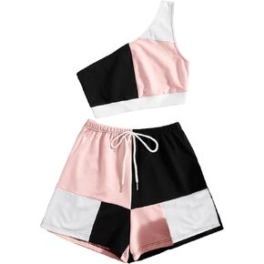 Floerns Women's 2 Piece Outfit One Shoulder Tank Top Colorblock Shorts Set