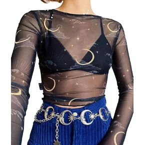 MIZOK Women's Long Sleeve See Through Shirts Angel Print Sexy Sheer Mesh Crop Tops