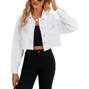 LONGYIDA Women's Jean Jacket Button Down Cropped Distressed Frayed Denim Jacket Coat