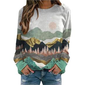 BSJIA Long Sleeve Printed Tshirts for Women Men Crew Neck Loose Fit Mountain Sunset Print Casual Sweatshirts Plus Size