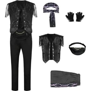 LILLIWEEN Men 2023 Movie Fringe Leather Vest Cowboy Rebel Rocker Jacket Pants Bandana Gloves Fanny Pack Set Adult