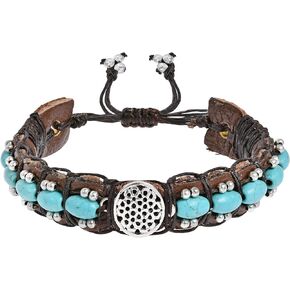 AeraVida Inspirational Flower of Life Simulated Turquoise Rolls Leather Adjustable Wrist Pull Bracelet | Flower of Life Bracelet | Silver Bead Bracelet | Adjustable Bracelet