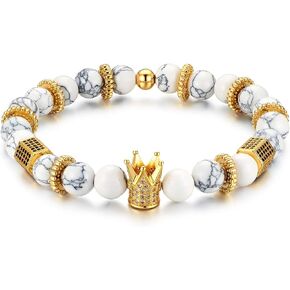 Cupimatch 8mm Beads CZ Crown King Charm Bracelet for Men Women 7.5"