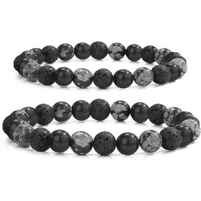 VOPIPO 2 Pcs Mens Bracelets, Lava Rock Bracelets for Men Women Natural Beaded Bracelets Couples Bracelet Set Snowflake Obsidian Stone Black Matte Agate Stretch Bracelet Jewelry Gift Size 8mm 10mm