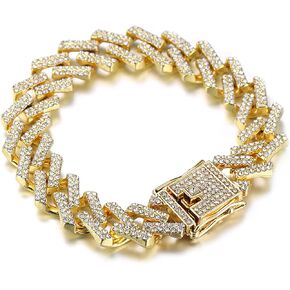 Gold Chain for Men Guys Cuban Link Chain Iced Out 15mm Wide Silver Tone Color Multiple Colour Diamonds Real White Gold Platinum Plated Bracelet Necklace Handset Diamonds Gift for Boyfriend Husband