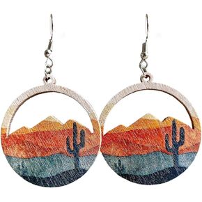 Handmade Boho Nature Wooden Mountain Dangle Drop Earrings Lightweight Wood Hollow Teardrop Hook Earring Tree Cactus Pattern Statement Earring Outdoor Enthusiast Jewelry Gifts