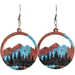 Handmade Boho Nature Wooden Mountain Dangle Drop Earrings Lightweight Wood Hollow Teardrop Hook Earring Tree Cactus Pattern Statement Earring Outdoor Enthusiast Jewelry Gifts
