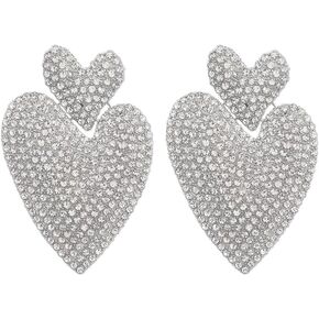 Sparkling Double Hearts Dangle Statement Earrings Cubic Zirconia Rhinestone Big Love Heart Chandelier Drop Studs Earring Fashion Wedding Jewelry Gifts for Women Girls Bridal