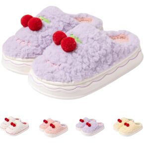 Cute Cherry Fuzzy Slippers for Women Indoor Outdoor Anti-Slip Thick Soled Shoes Soft Cozy Plush Slippers for Gift