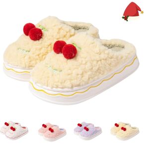 Cute Cherry Fuzzy Slippers for Women Indoor Outdoor Anti-Slip Thick Soled Shoes Soft Cozy Plush Slippers for Gift