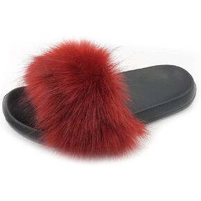 Women's Fur Slide Slipper Open Toe Sandal with Soft Furry Faux Fox Fur House Outdoor Slippers