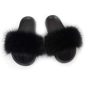 Women's Fur Slide Slipper Open Toe Sandal with Soft Furry Faux Fox Fur House Outdoor Slippers