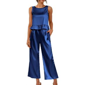 Ekouaer Womens Satin Pajamas Set 2 Piece Silk Outfits Sleeveless Tank Crop Wide Leg Pants Sleepwear with Pockets