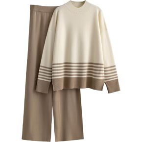 Women's 2 Piece Outfits Sweatsuit Knit Striped Pullover Top Wide Leg Pants Tracksuit Lounge Sets