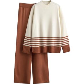 Women's 2 Piece Outfits Sweatsuit Knit Striped Pullover Top Wide Leg Pants Tracksuit Lounge Sets