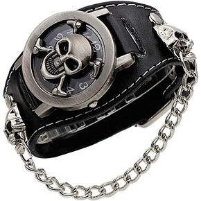 Cool Leather Punk Skull Quartz Men's Wrist Watch,Skull Flip Cover Women's Watch,Skull+Chains+Rivets Elements,Fashion for Valentine's Day Gift