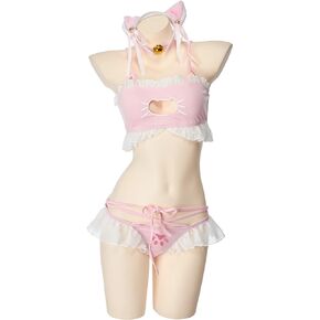 MEOWCOS Women's Cosplay Lingerie Set Cute Cat Girl Lingerie Sets Cosplay Outfit with Necklace and Headdress