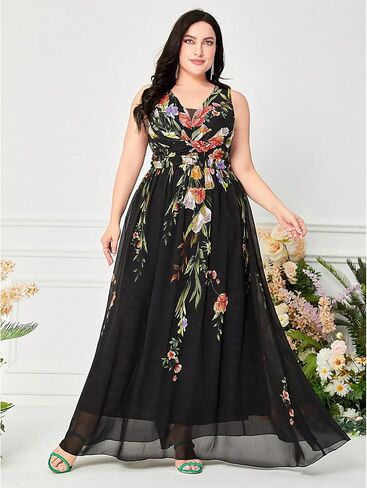 فستان TOLEEN نسائي مقاس كبير ورقبة على شكل V مطرز شبكي وردي أنيق فساتين طويلة رسمية in Kuwait