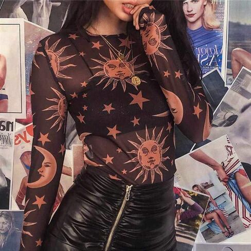 MIZOK Women's Long Sleeve See Through Shirts Angel Print Sexy Sheer Mesh Crop Tops in Saudi Arabia