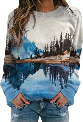 BSJIA Long Sleeve Printed Tshirts for Women Men Crew Neck Loose Fit Mountain Sunset Print Casual Sweatshirts Plus Size in Saudi Arabia