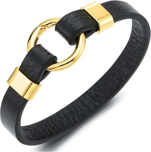 COOLSTEELANDBEYOND Mens Womens Gold Color Circle Ring Link Clasp Black Leather Bracelet, Bangle Wristband, Length 8.27", Width 0.39", Black Leather, no gemstone in Saudi Arabia
