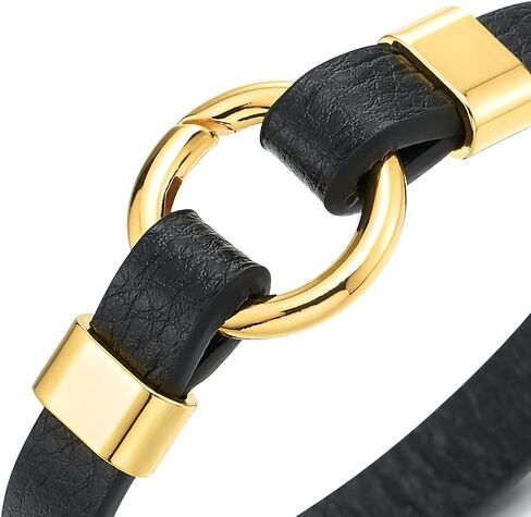 COOLSTEELANDBEYOND Mens Womens Gold Color Circle Ring Link Clasp Black Leather Bracelet, Bangle Wristband, Length 8.27", Width 0.39", Black Leather, no gemstone in Saudi Arabia