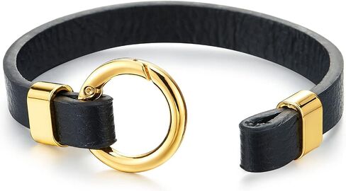 COOLSTEELANDBEYOND Mens Womens Gold Color Circle Ring Link Clasp Black Leather Bracelet, Bangle Wristband, Length 8.27", Width 0.39", Black Leather, no gemstone in Saudi Arabia
