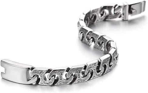 COOLSTEELANDBEYOND Mens Steel Textured Fancy Marine Anchor Link Curb Chain Bracelet, Retro Style, Spring Box Clasp in Saudi Arabia