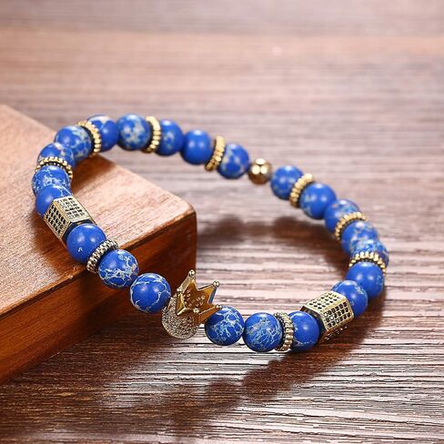 Cupimatch 8mm Beads CZ Crown King Charm Bracelet for Men Women 7.5" in Saudi Arabia