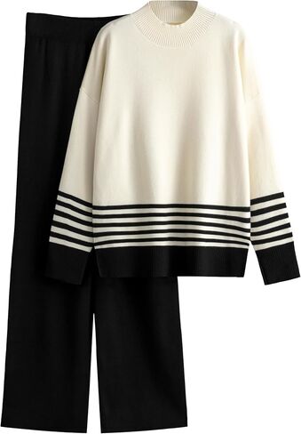 Women's 2 Piece Outfits Sweatsuit Knit Striped Pullover Top Wide Leg Pants Tracksuit Lounge Sets in Kuwait