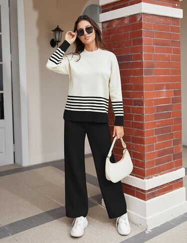 Women's 2 Piece Outfits Sweatsuit Knit Striped Pullover Top Wide Leg Pants Tracksuit Lounge Sets in Kuwait