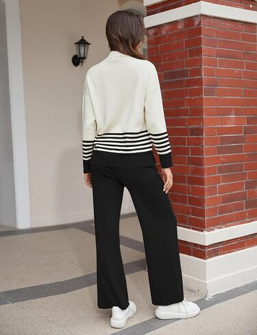 Women's 2 Piece Outfits Sweatsuit Knit Striped Pullover Top Wide Leg Pants Tracksuit Lounge Sets in Kuwait