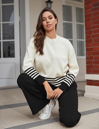 Women's 2 Piece Outfits Sweatsuit Knit Striped Pullover Top Wide Leg Pants Tracksuit Lounge Sets in Kuwait