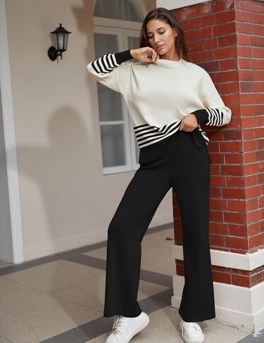 Women's 2 Piece Outfits Sweatsuit Knit Striped Pullover Top Wide Leg Pants Tracksuit Lounge Sets in Kuwait